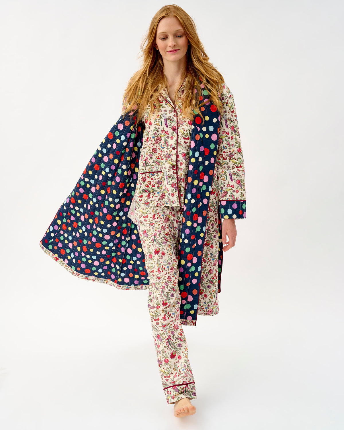 Ivory Forest Friends & Navy Spots Quilted Cotton Dressing Gown