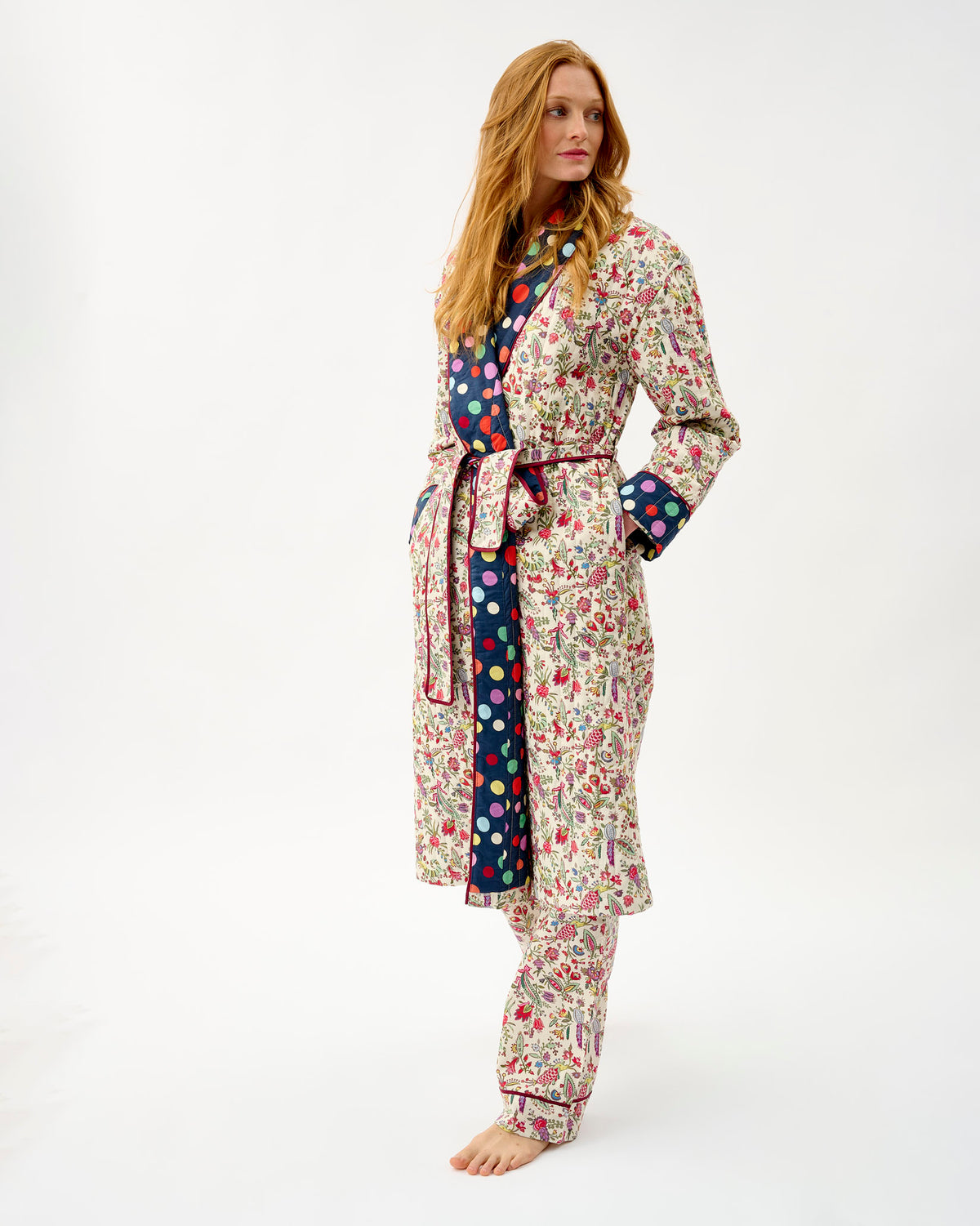 Ivory Forest Friends & Navy Spots Quilted Cotton Dressing Gown