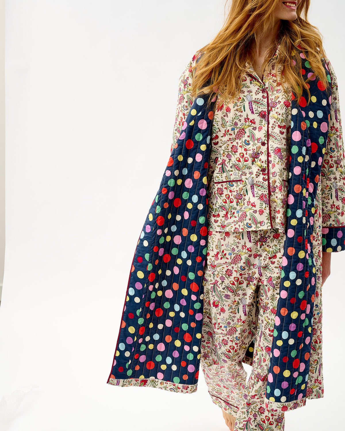 Ivory Forest Friends & Navy Spots Quilted Cotton Dressing Gown