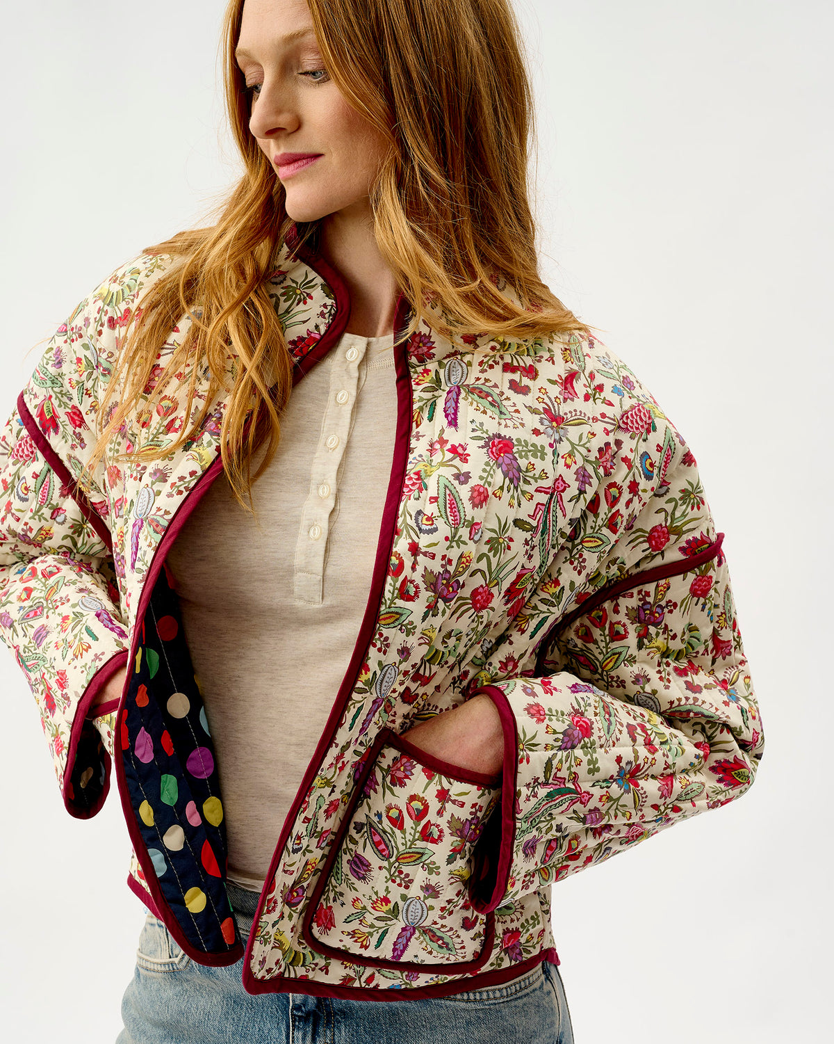 Ivory Forest Friends & Navy Spots Quilted Cotton Jacket