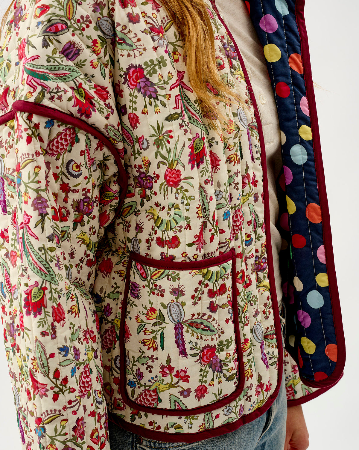 Ivory Forest Friends & Navy Spots Quilted Cotton Jacket