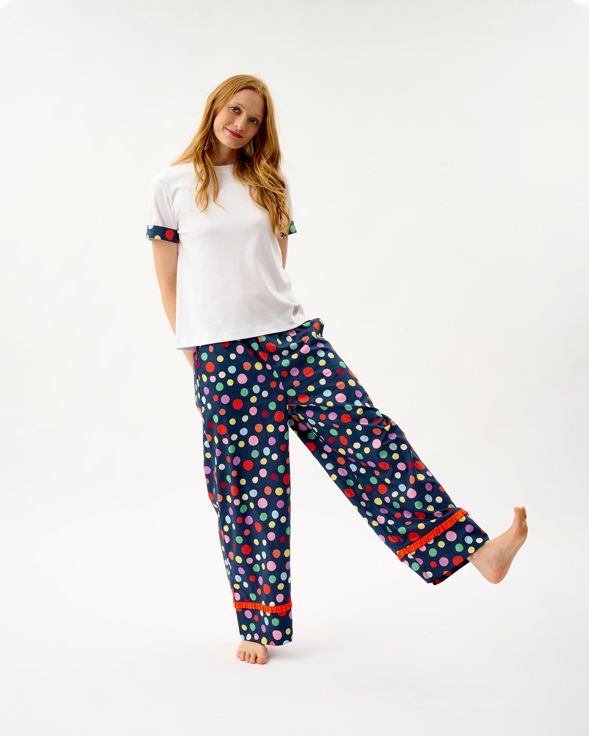 Navy Spots Frill Trim Cotton Bottoms