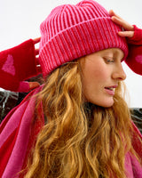Dubonnet & Bubblegum Plaited Effect Lambswool Rib Beanie Hat