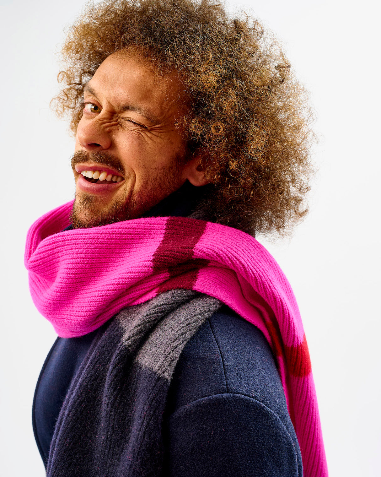 Navy & Neon Pink Brushed Lambswool Stripe Scarf