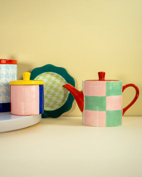Pink & Green Check Stoneware Teapot