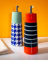 Green & Blue Houndstooth Stoneware Oil or Vinegar Bottle