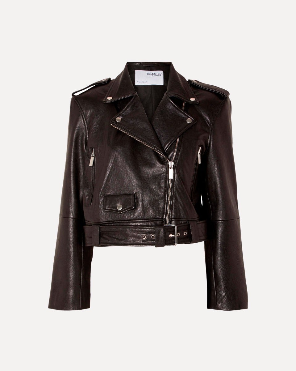 Black Idun Short Leather Biker Jacket