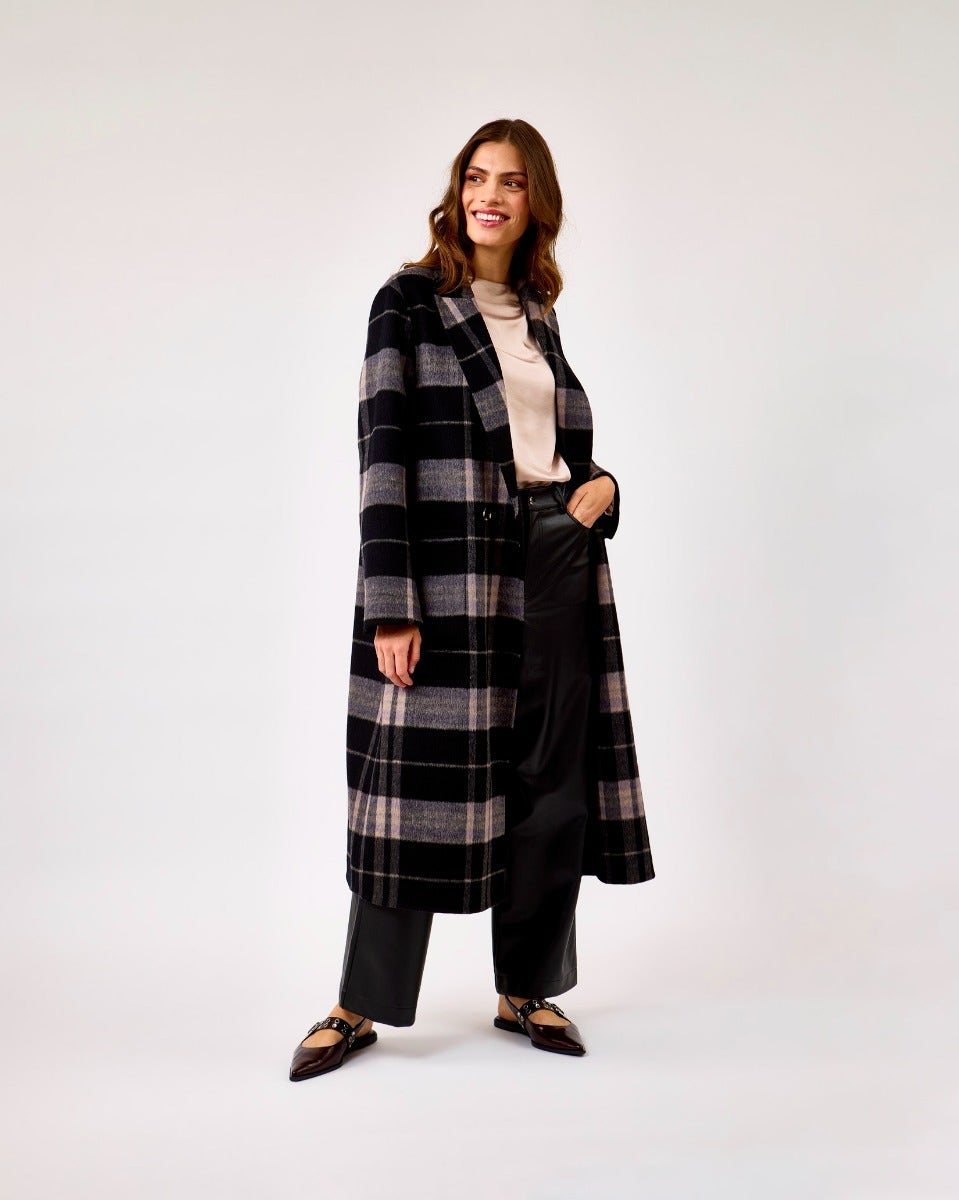 Night Grey & Black Check Aida Double Breasted Reversible Coat