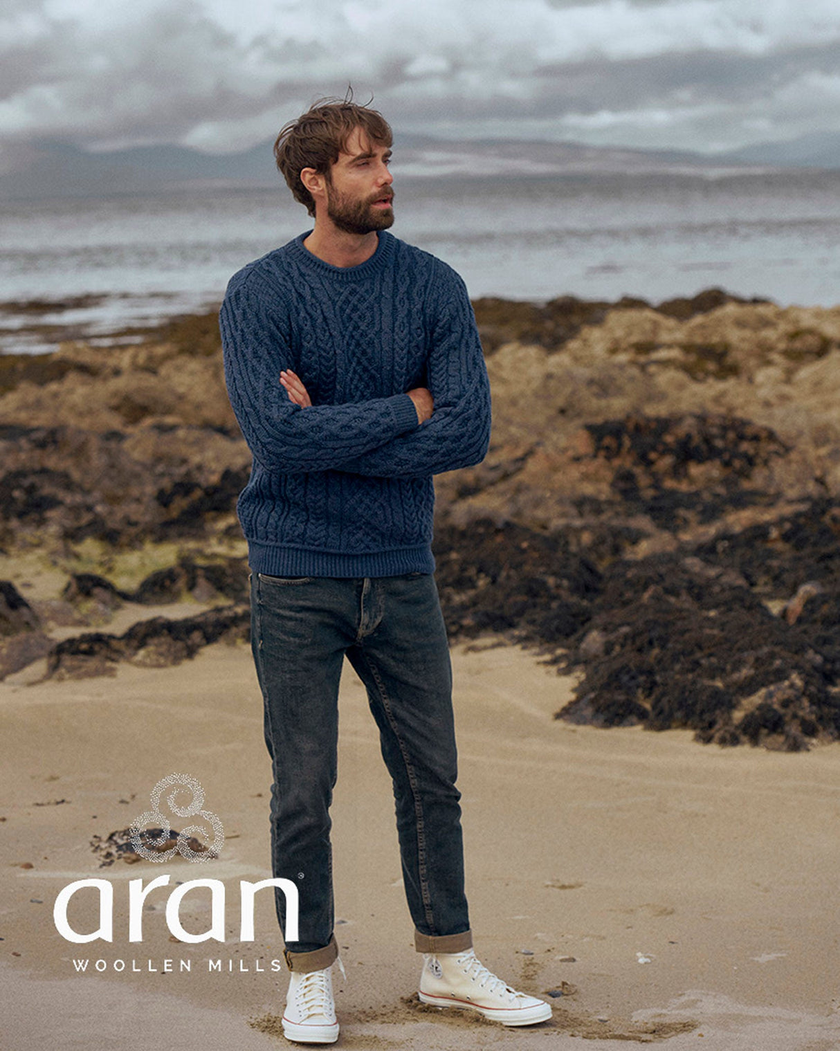 Navy Aran Merino Wool Knit Sweater