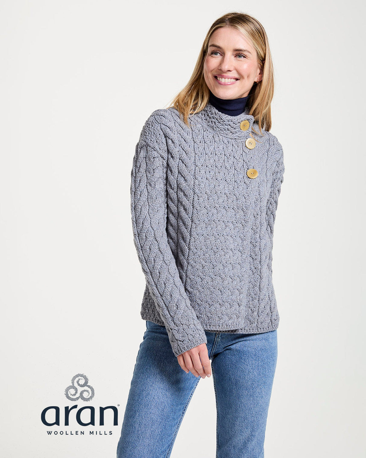 Grey Aran Merino Wool Asymmetric Cardigan