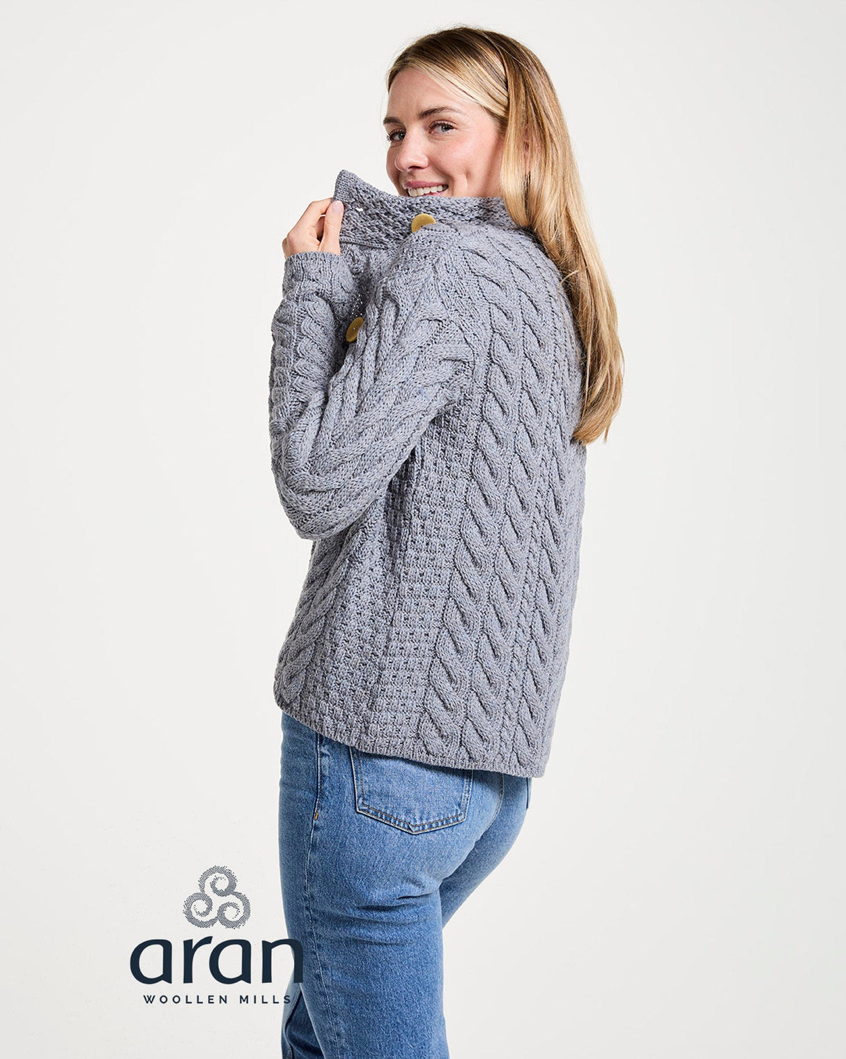 Grey Aran Merino Wool Asymmetric Cardigan