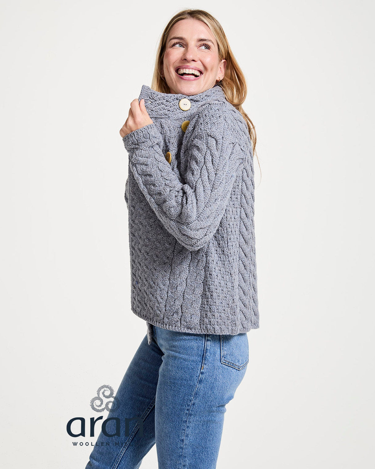 Grey Aran Merino Wool Asymmetric Cardigan
