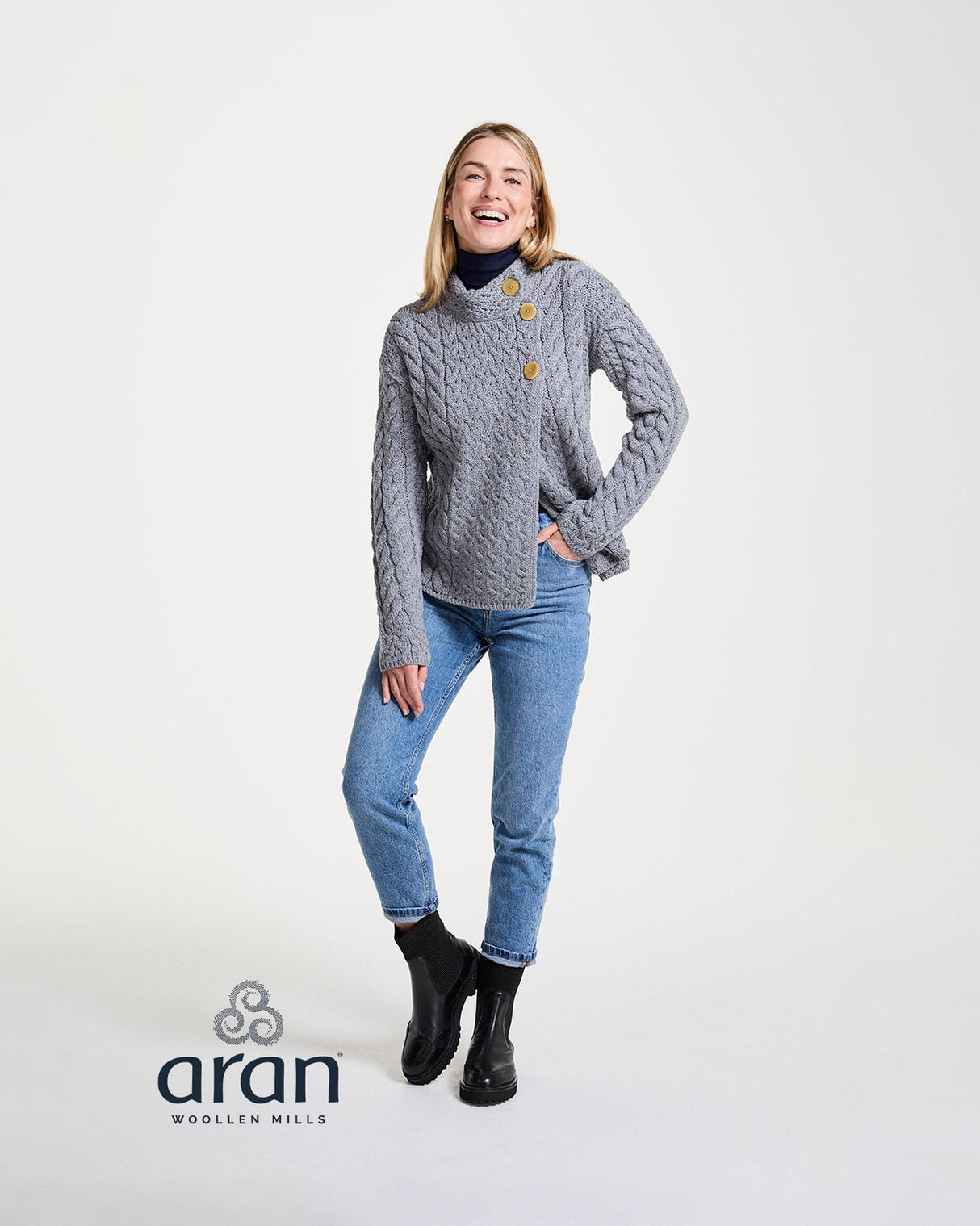 Grey Aran Merino Wool Asymmetric Cardigan