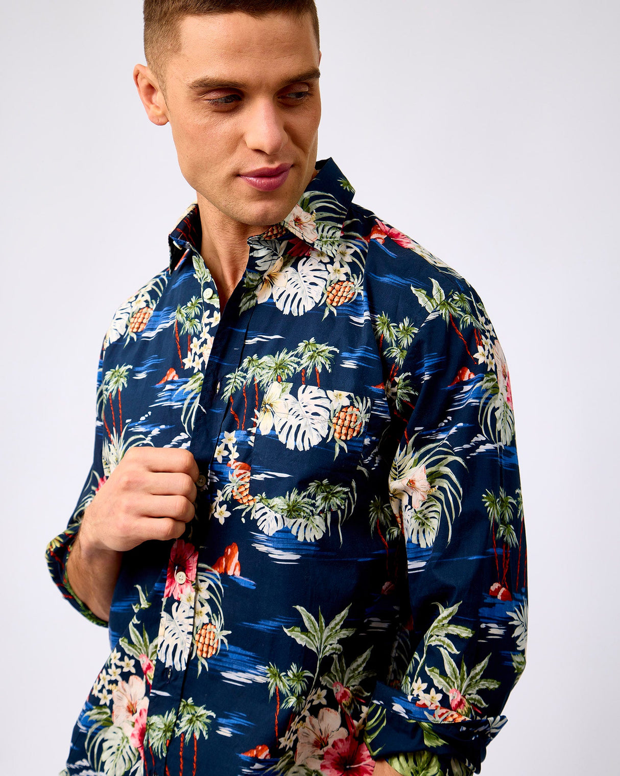 Navy-Tropical-Print-Cotton-Shirt