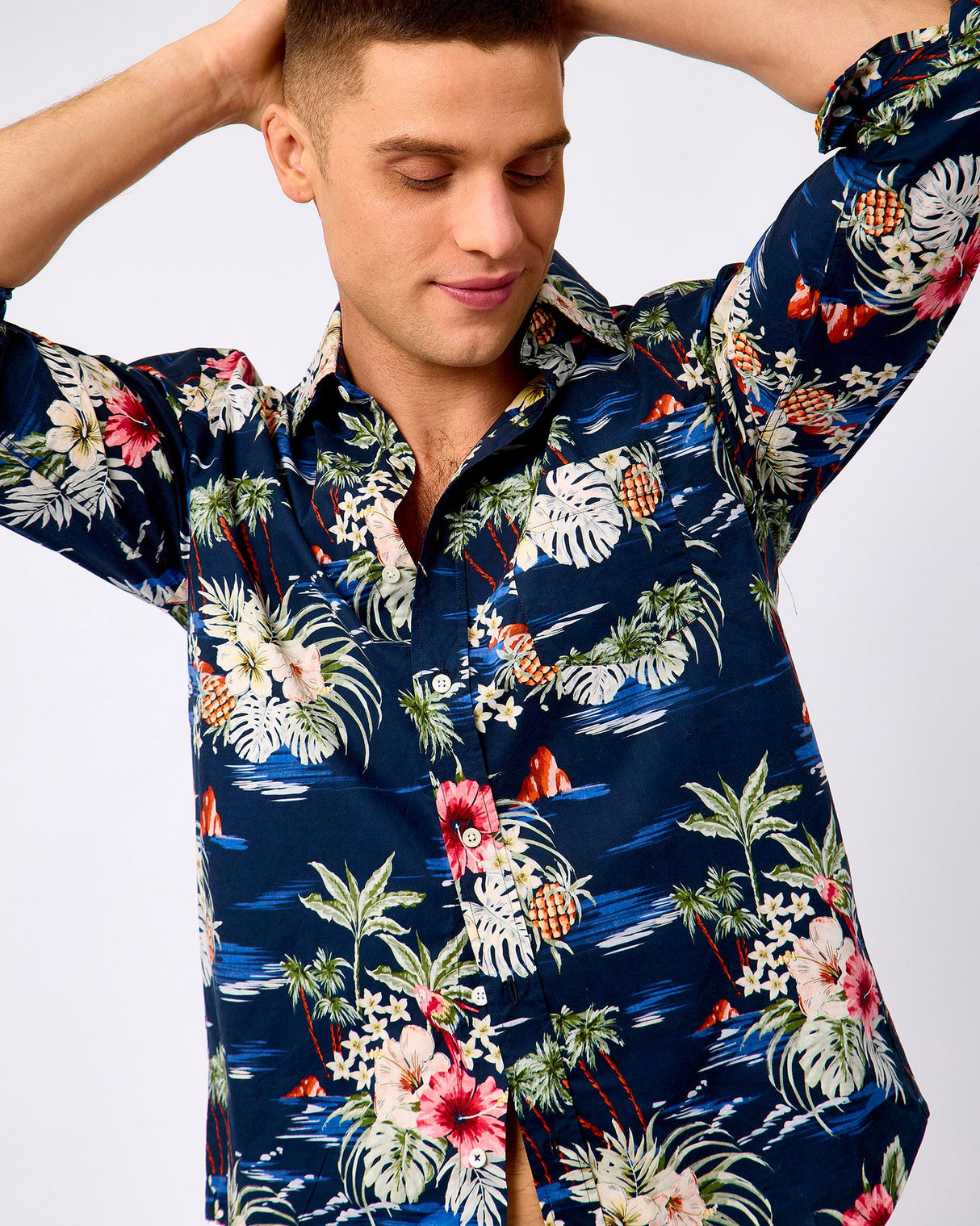 Navy Tropical Print Cotton Shirt