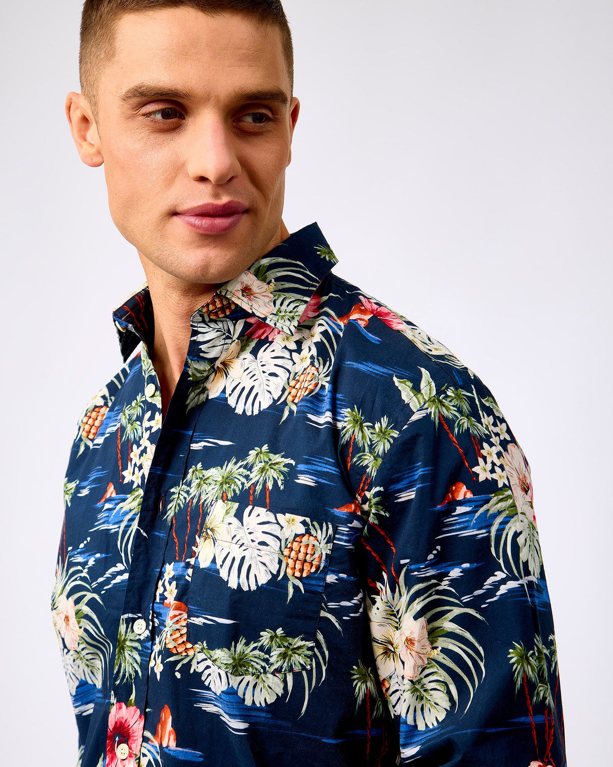 Navy Tropical Print Cotton Shirt