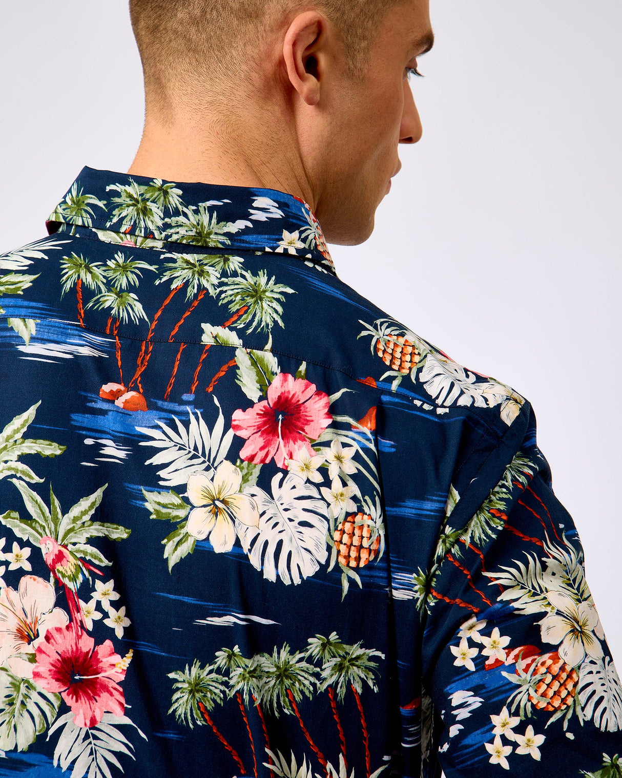 Navy Tropical Print Cotton Shirt