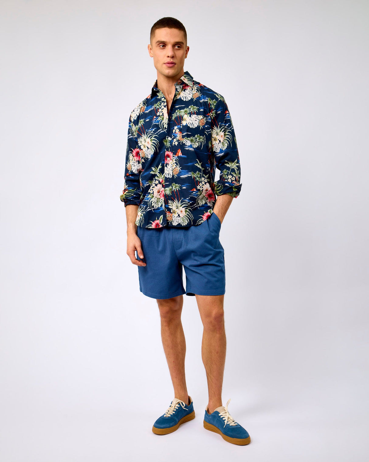 Navy Tropical Print Cotton Shirt