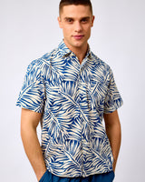 Blue-Tropical-Leaf-Print-Short-Sleeve-Cotton-Shirt