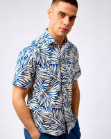 Blue-Tropical-Leaf-Print-Short-Sleeve-Cotton-Shirt