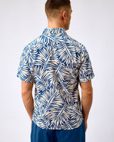 Blue Tropical Leaf Print Short Sleeve Cotton Shirt