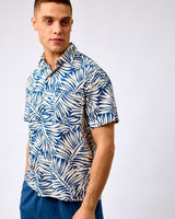 Blue Tropical Leaf Print Short Sleeve Cotton Shirt