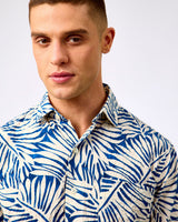 Blue Tropical Leaf Print Short Sleeve Cotton Shirt