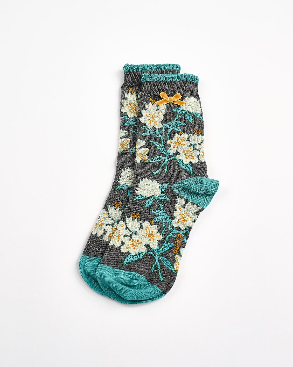 Teal-Grey-Flower-Ankle-Socks