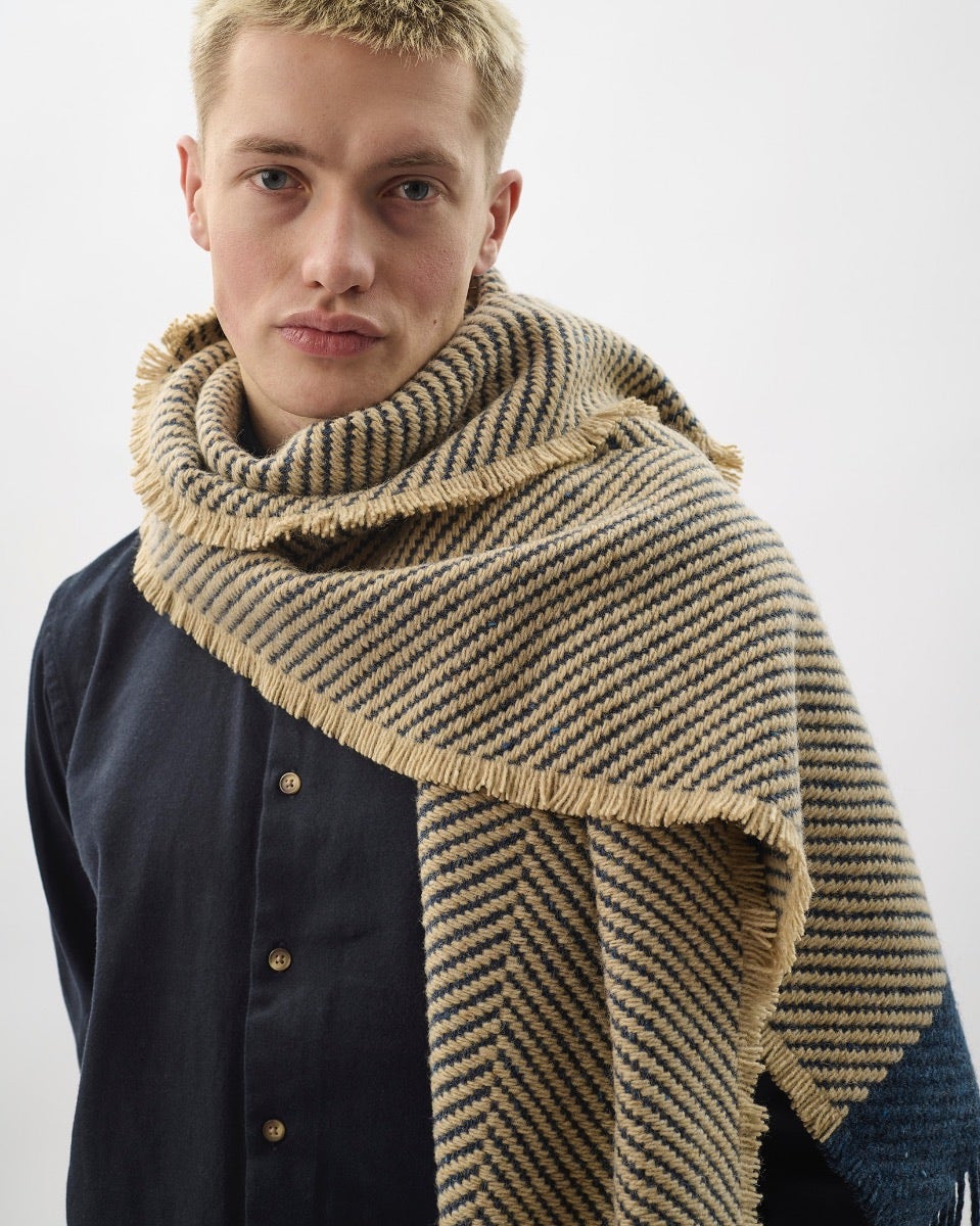 Navy Chevron Tweed Donegal Wool & Mohair Scarf