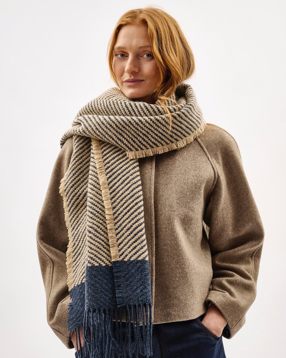 Navy Chevron Tweed Donegal Wool & Mohair Scarf