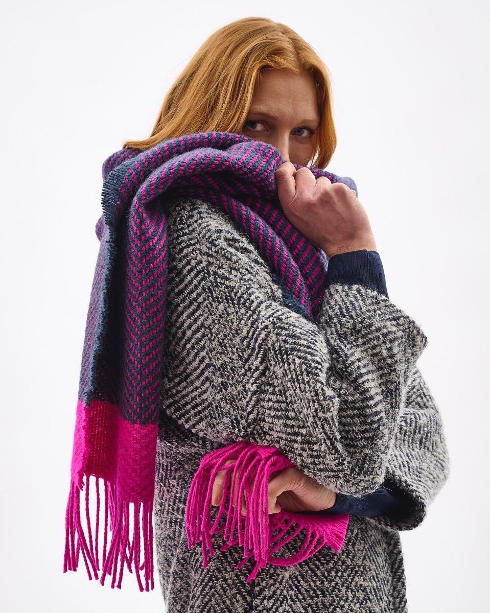 Neon Pink Chevron Tweed Donegal Wool & Mohair Scarf