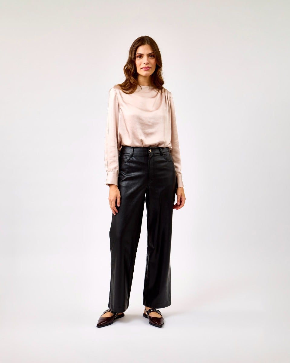 Black Corian Faux Leather Straight Leg Trousers