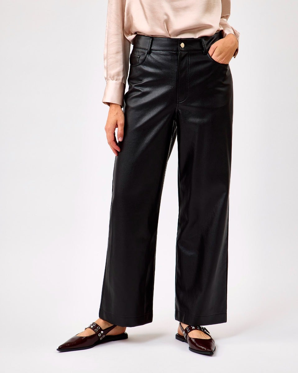 Black Corian Faux Leather Straight Leg Trousers