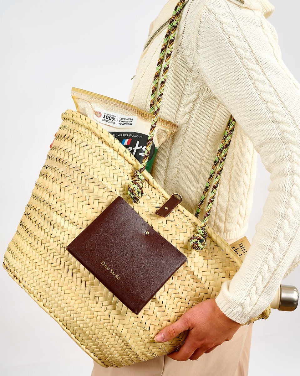 Deep Brown Leather & Palm Panier Calanques Bag