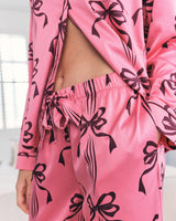 Pink Wavy Bow Satin Pyjama Set