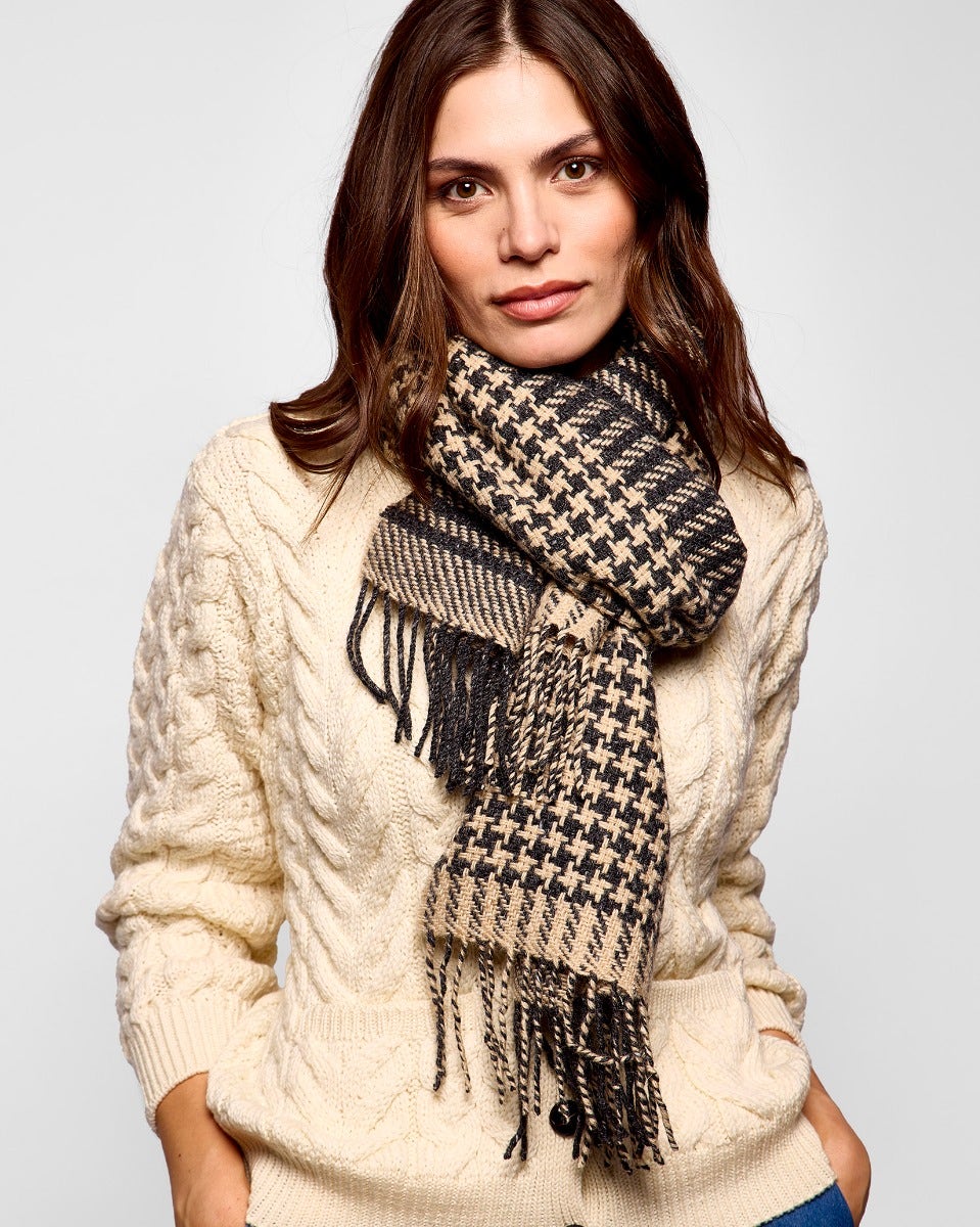 Charcoal Houndstooth Wide Donegal Tweed Scarf
