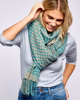 Turquoise Houndstooth Wide Donegal Tweed Scarf