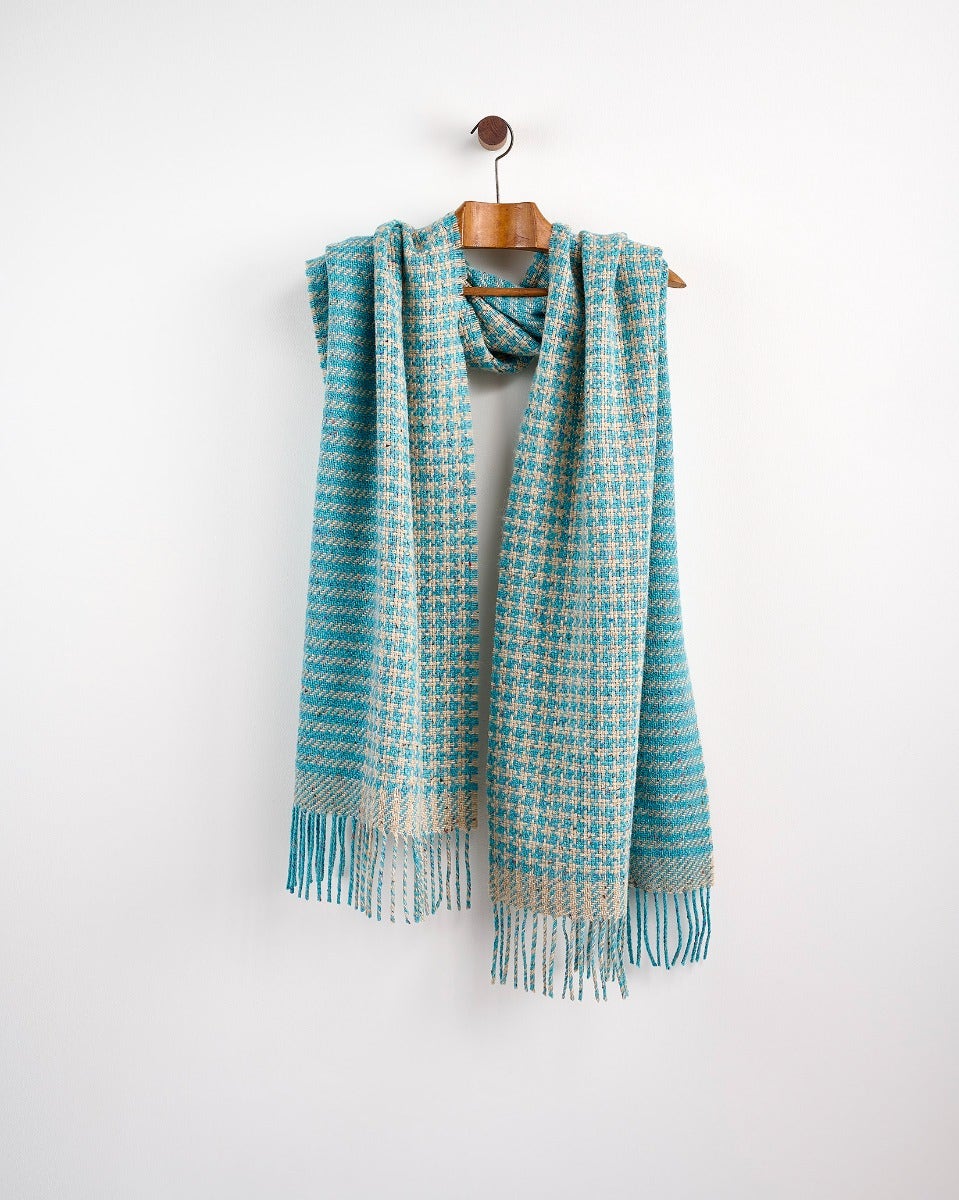 Turquoise Houndstooth Wide Donegal Tweed Scarf