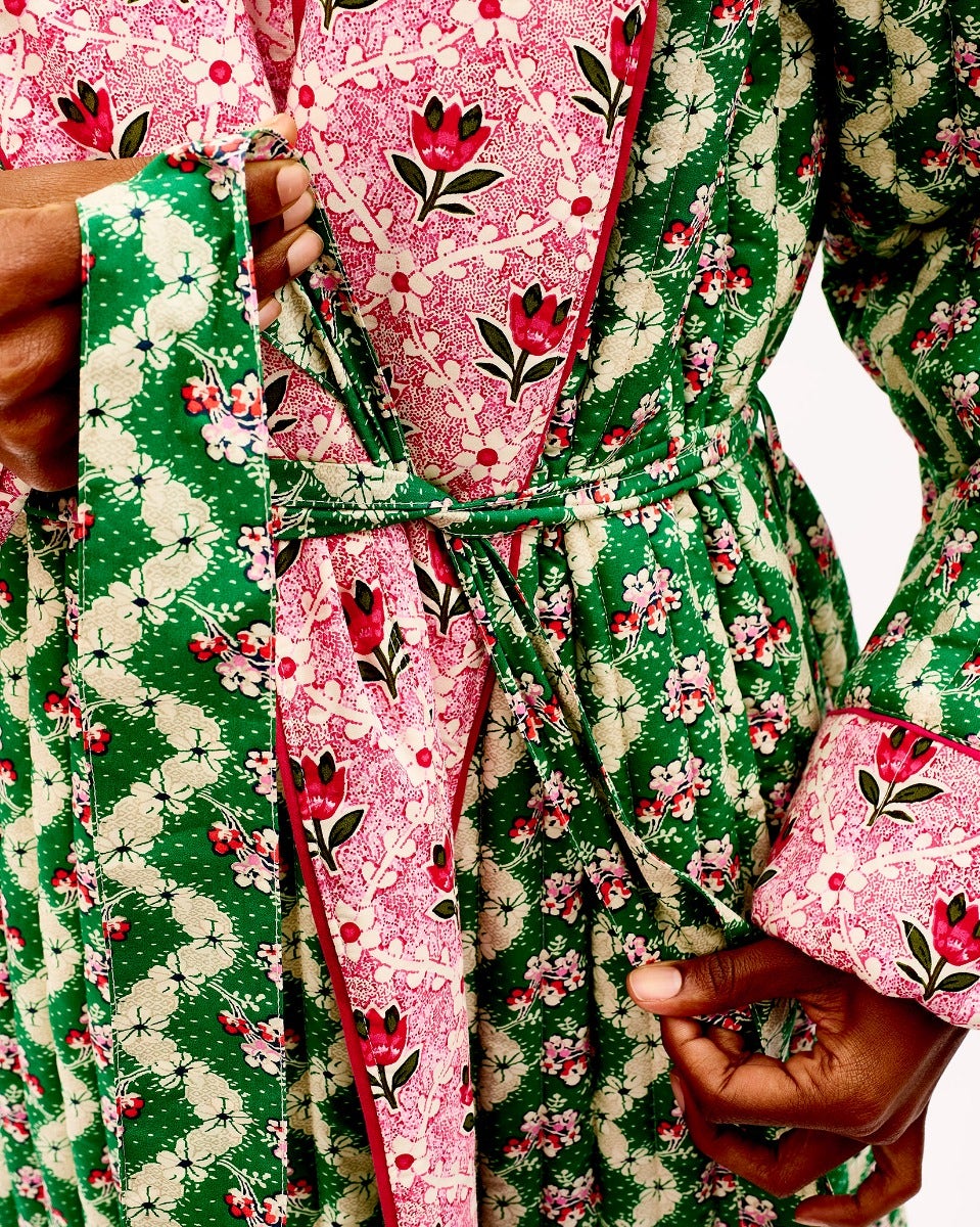 Green Wave & Pink Tulip Quilted Cotton Dressing Gown