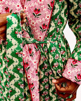 Green Wave & Pink Tulip Quilted Cotton Dressing Gown