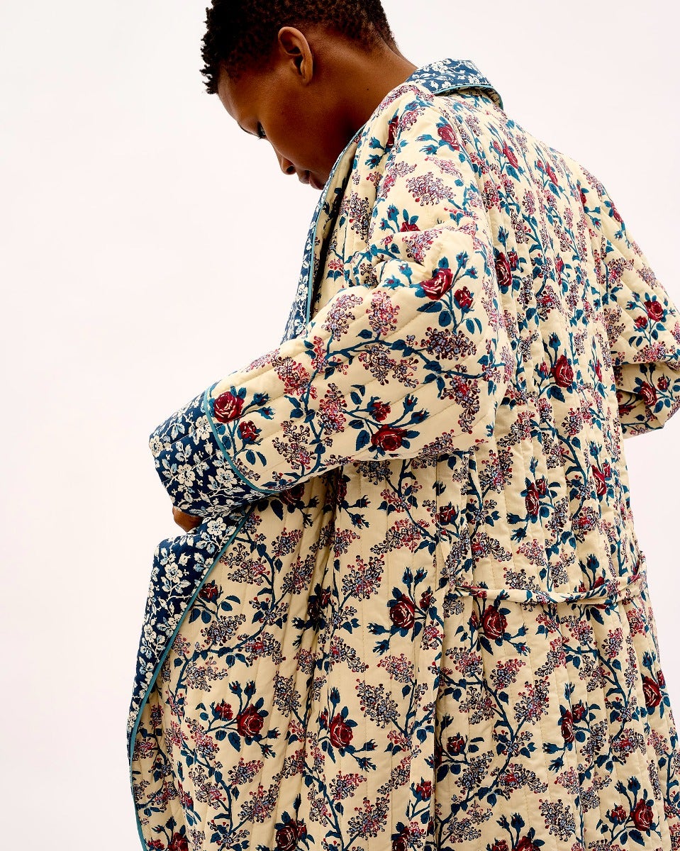 Orange Rose & Mini Floral Navy Quilted Cotton Dressing Gown