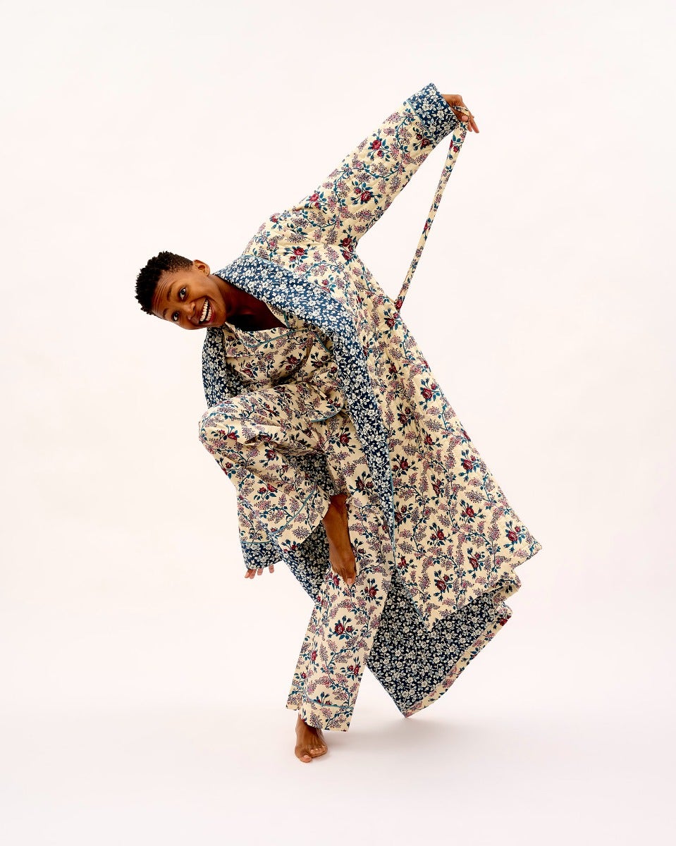 Orange Rose & Mini Floral Navy Quilted Cotton Dressing Gown