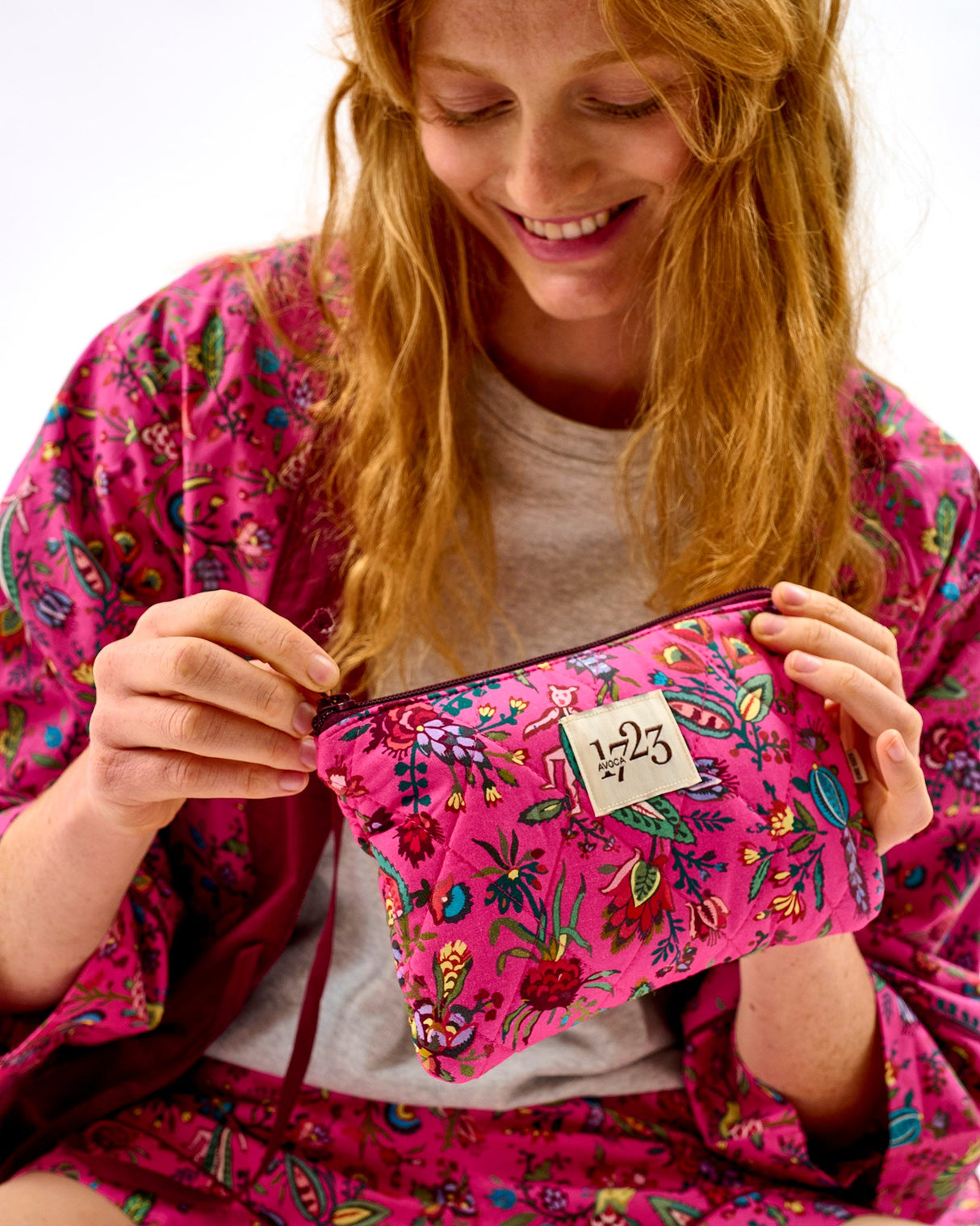 Fuchsia Forest Friends Quilted Cotton Cosmetic Pouch