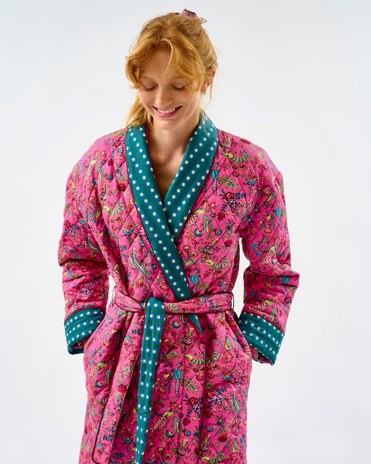 Fuchsia Forest & Teal Stripes Quilted Cotton Dressing Gown