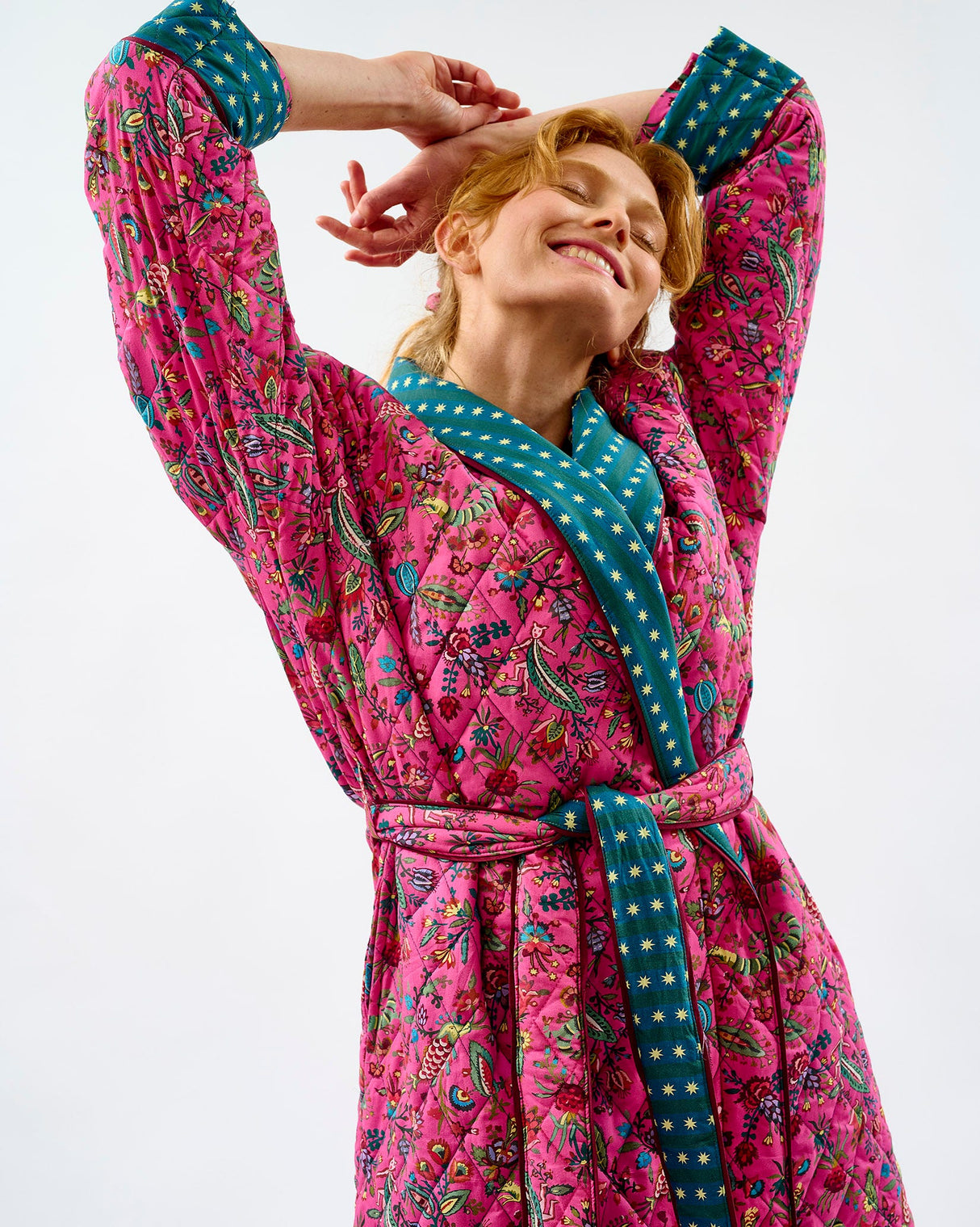 Fuchsia Forest & Teal Stripes Quilted Cotton Dressing Gown