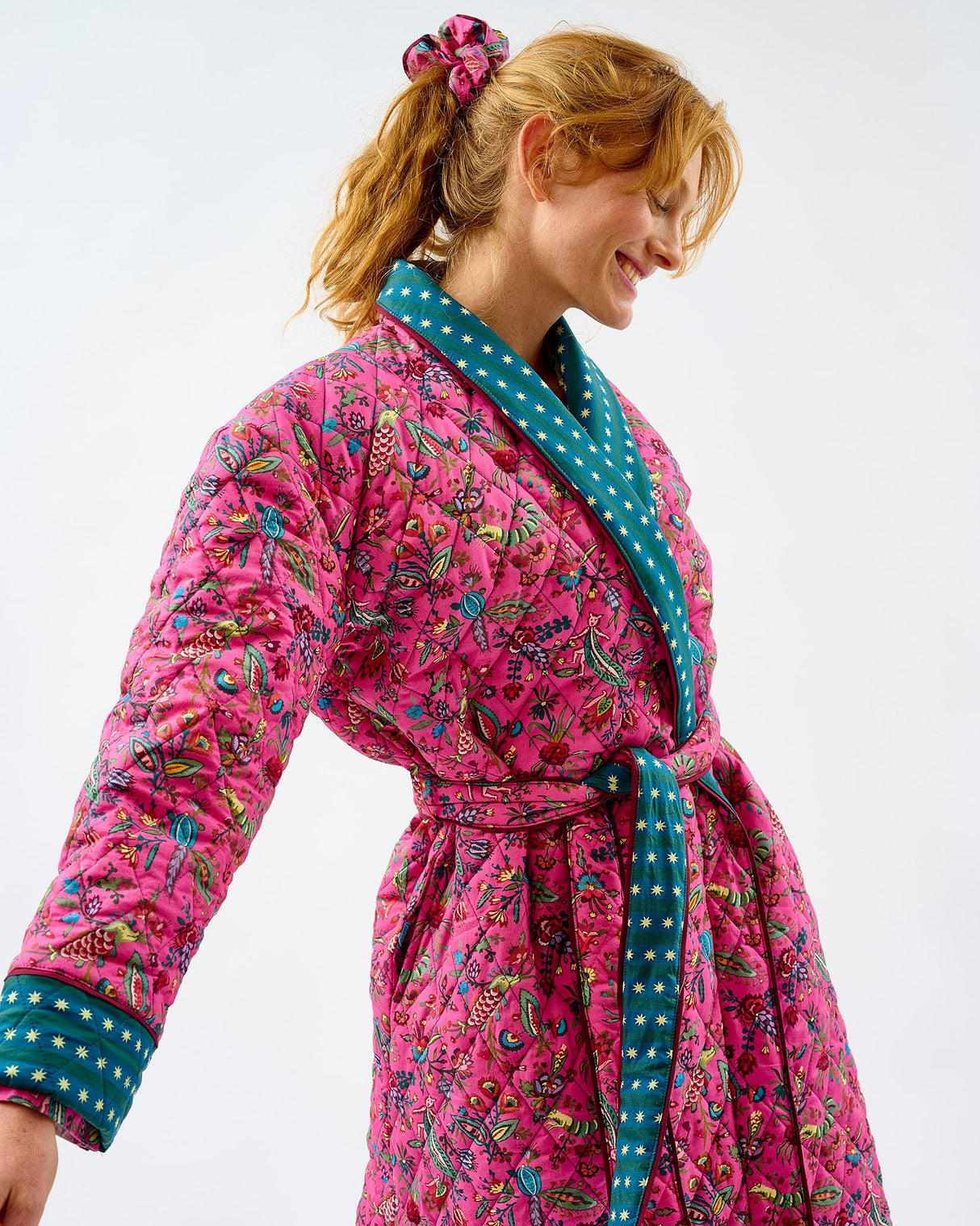 Fuchsia Forest & Teal Stripes Quilted Cotton Dressing Gown