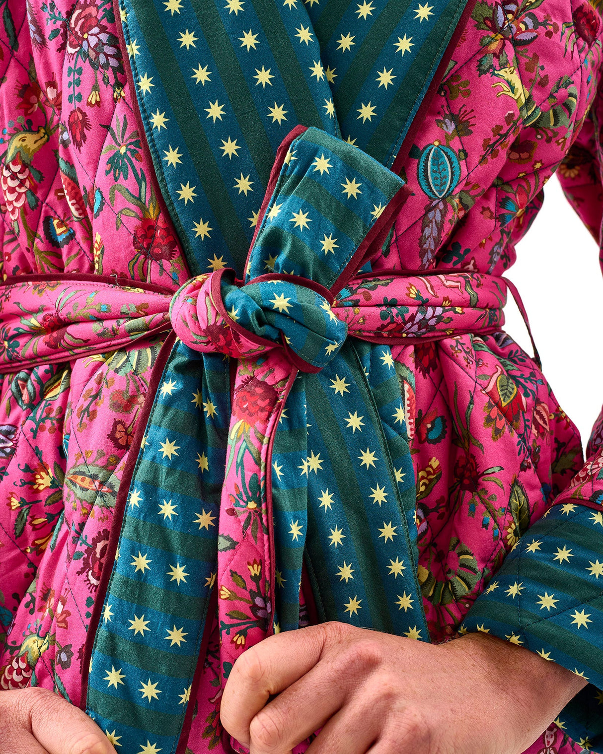 Fuchsia Forest & Teal Stripes Quilted Cotton Dressing Gown