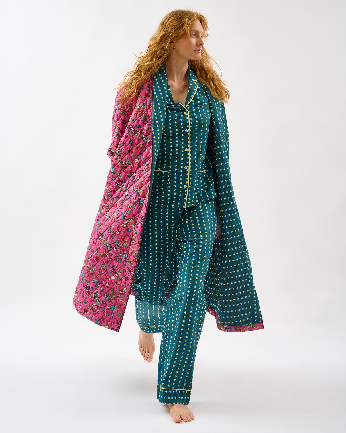 Fuchsia Forest & Teal Stripes Quilted Cotton Dressing Gown