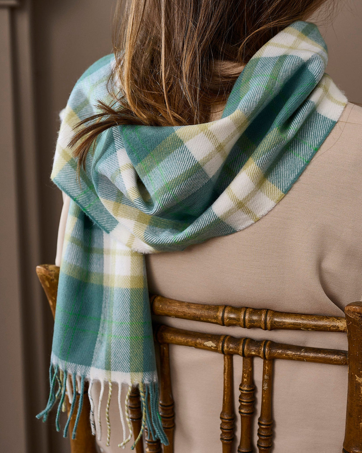 Green Check Merino Scarf