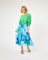 Blue-Water-Lily-Print-Sargasso-Lined-Midi-Skirt